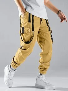 Manfinity EMRG Men Contrast Tape Flap Pocket Drawstring Waist Cargo Trousers - Khaki - View 5