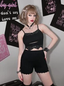 Sweetness Cut Out Contrast Lace Cami Top - Black - View 1