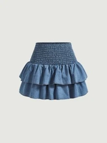 SHEIN MOD Ruffle Hem Denim Skirt - Dark Wash - View 1