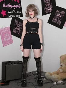 Sweetness Cut Out Contrast Lace Cami Top - Black - View 3