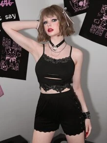 Sweetness Cut Out Contrast Lace Cami Top - Black - View 4