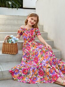 SHEIN 青少年女生花卉印花雙肩上衣和荷葉邊裙子 - 白色 - 查看 1