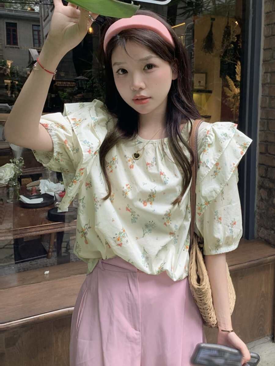 Blusa floral ribete con fruncido de manga farol - verde menta - Ver 1