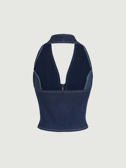 SHEIN MOD Denim Top mit Reißverschluss, Neckholder,