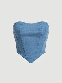 SHEIN MOD 手帕下擺牛仔抹胸上衣 - 淺色水洗藍 - 查看 1