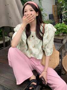 Blusa floral ribete con fruncido de manga farol - verde menta - Ver 3