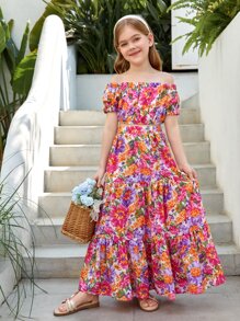 SHEIN 青少年女生花卉印花雙肩上衣和荷葉邊裙子 - 白色 - 查看 3