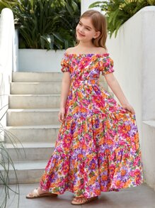 SHEIN 青少年女生花卉印花雙肩上衣和荷葉邊裙子 - 白色 - 查看 4