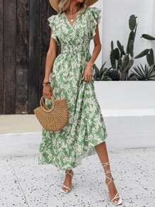 SHEIN VCAY Allover Print Ruffle Trim Dress - Green - View 1