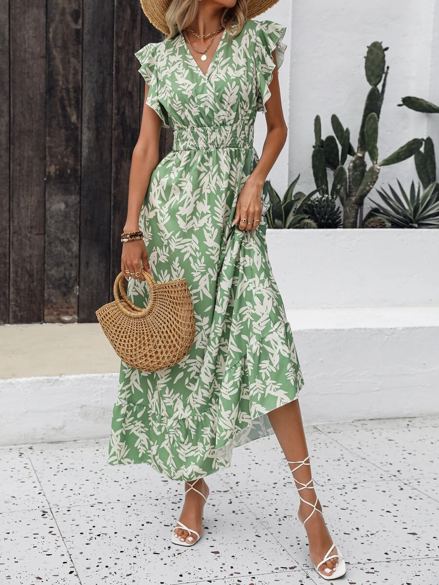 SHEIN VCAY Allover Print Ruffle Trim Dress - Green - View 1