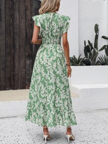 SHEIN VCAY Allover Print Ruffle Trim Dress - Green - View 2