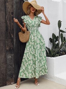 SHEIN VCAY Allover Print Ruffle Trim Dress - Green - View 5