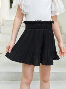 SHEIN Girls Paperbag Waist Pleated Shorts - Black - View 2