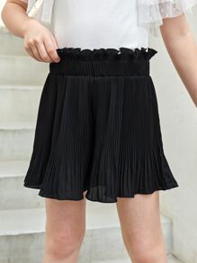 SHEIN Girls Paperbag Waist Pleated Shorts - Black - View 1