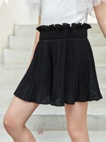 SHEIN Girls Paperbag Waist Pleated Shorts - Black - View 4
