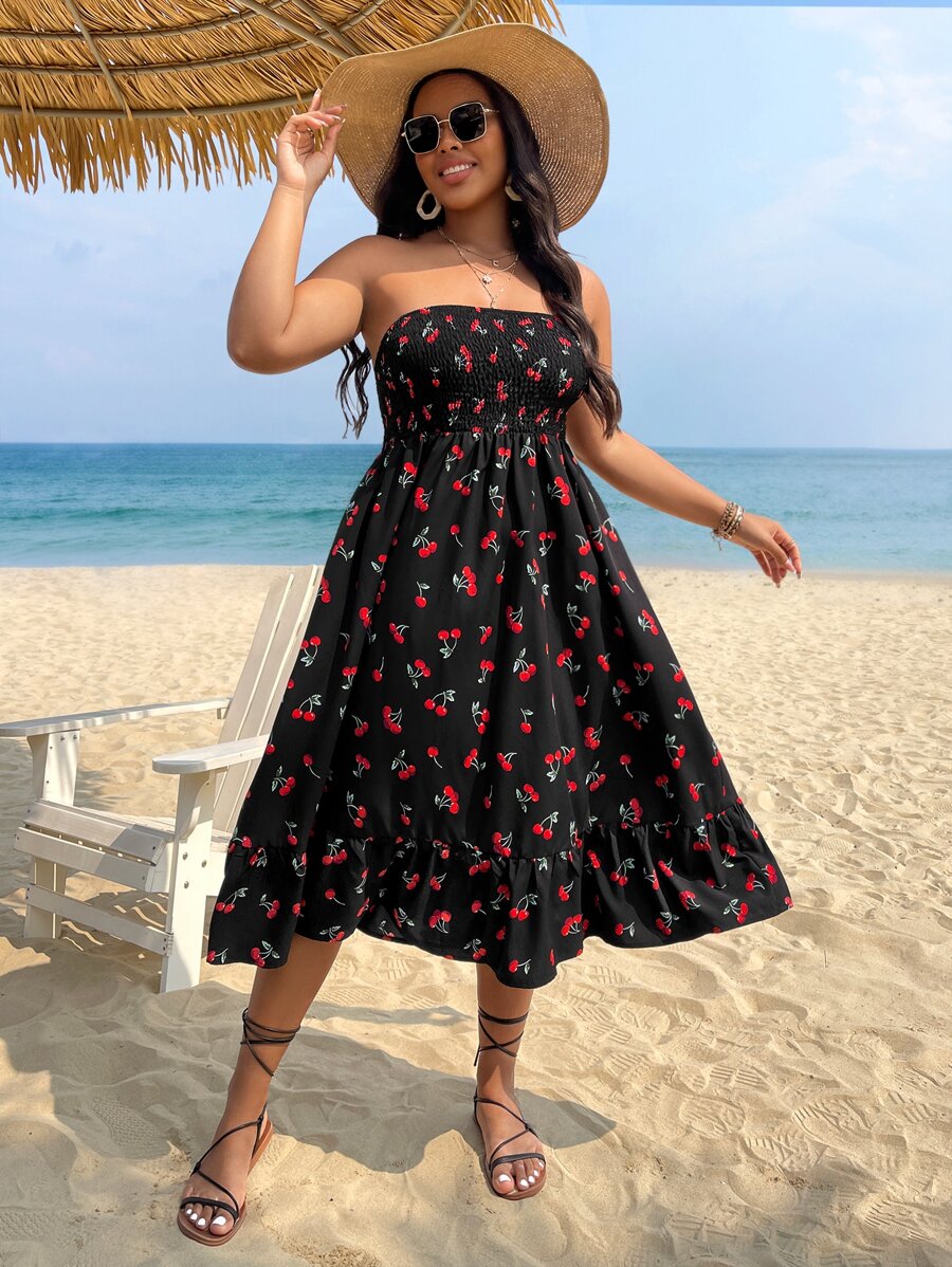 SHEIN Holidaya Plus Cherry Print Ruffle Hem Tube Dress - Black - View 1