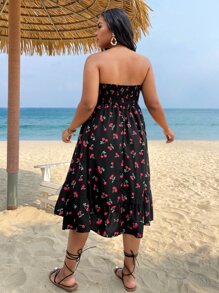 SHEIN Holidaya Plus Cherry Print Ruffle Hem Tube Dress - Black - View 3
