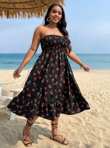 SHEIN Holidaya Plus Cherry Print Ruffle Hem Tube Dress - Black - View 2