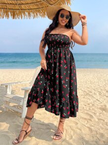 SHEIN Holidaya Plus Cherry Print Ruffle Hem Tube Dress - Black - View 4