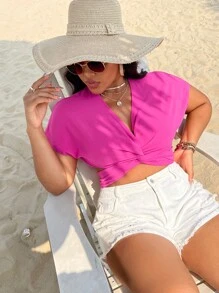 SHEIN Clasi Plus Twist Front Batwing Sleeve Crop Blouse - Hot Pink - View 2