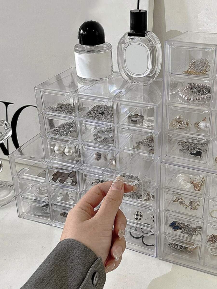 1pc Clear Jewelry Storage Box, Simple Plastic Multi-grid Desktop Jewelry Box For Household - Clear - View 1