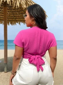 SHEIN Clasi Plus Twist Front Batwing Sleeve Crop Blouse - Hot Pink - View 3