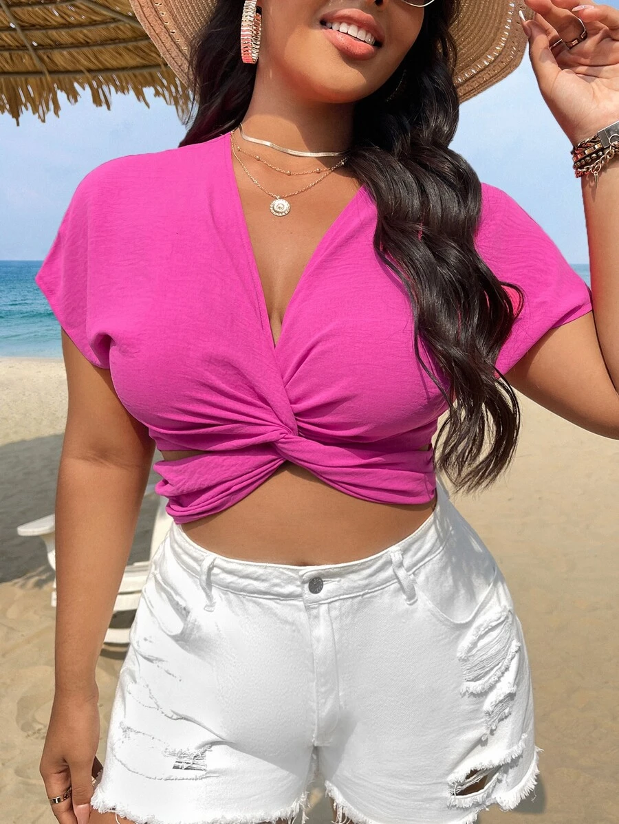 SHEIN Clasi Plus Twist Front Batwing Sleeve Crop Blouse - Hot Pink - View 1