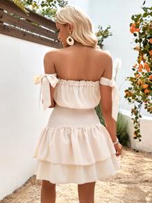 Breezaya Off Shoulder Knot Side Ruffle Hem Dress - Apricot - View 2