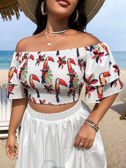 SHEIN Clasi 大碼卡通圖案一字肩短款襯衫