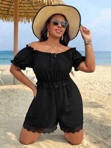 SHEIN Holidaya Plus Off Shoulder Lace Trim Romper - Black - View 3