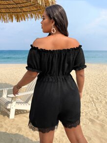 SHEIN Holidaya Plus Off Shoulder Lace Trim Romper - Black - View 2