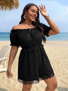 SHEIN Holidaya Plus Off Shoulder Lace Trim Romper - Black - View 4