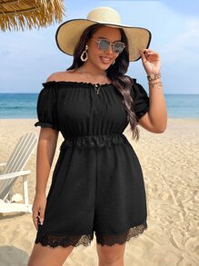 SHEIN Holidaya Plus Off Shoulder Lace Trim Romper - Black - View 1