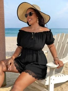 SHEIN Holidaya Plus Off Shoulder Lace Trim Romper - Black - View 6