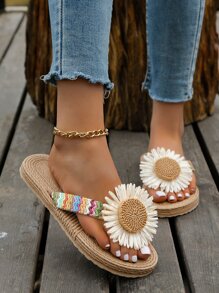 Women Flower Decor Flip Flops, Vacation Summer Flip Flops - Multicolor - View 1