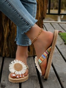 Women Flower Decor Flip Flops, Vacation Summer Flip Flops - Multicolor - View 3