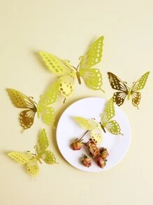 12pcs Paper Butterfly Sticker, Modern Hollow Out Butterfly Sticker For Home - Gold - View 1