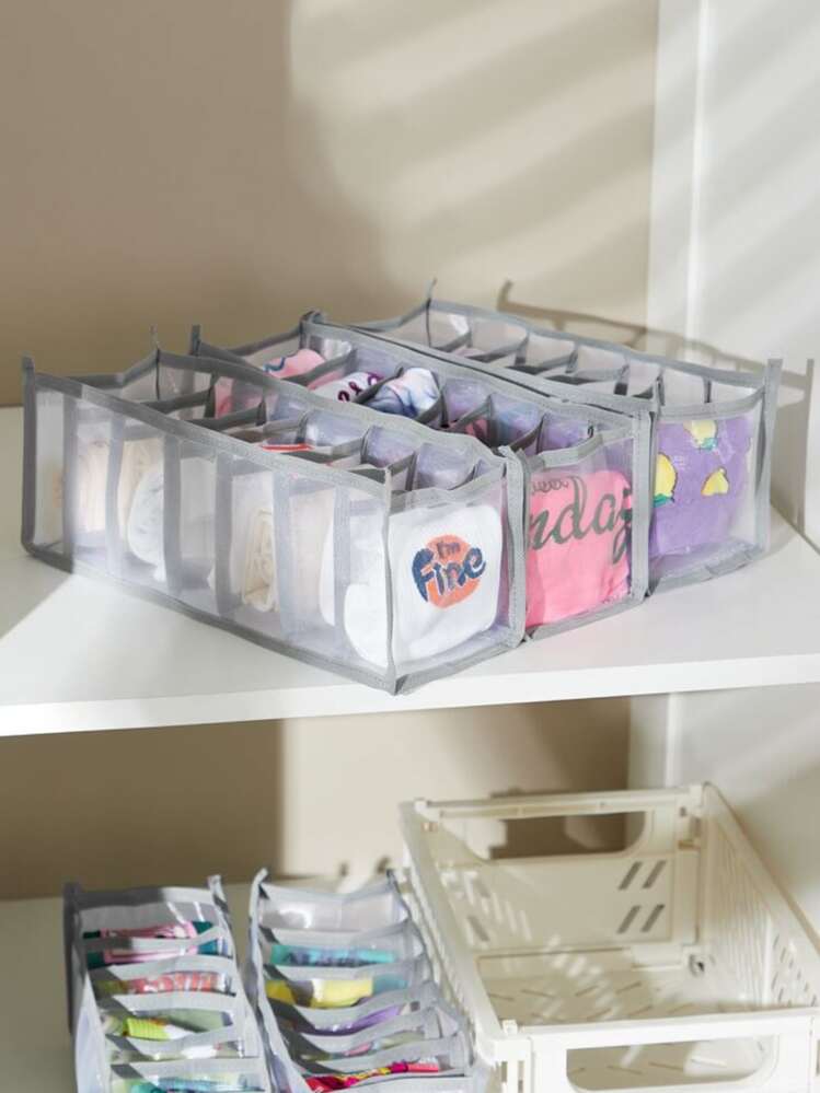 1パックコントラストバインディングランジェリー収納ボックス、マルチコンパートメントグレーホームソックスオーガナイザー - グレー - 見る 2