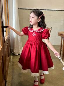 Đầm bé gái Thêu Hoạt hình Dễ thương - Đỏ - Xem 1