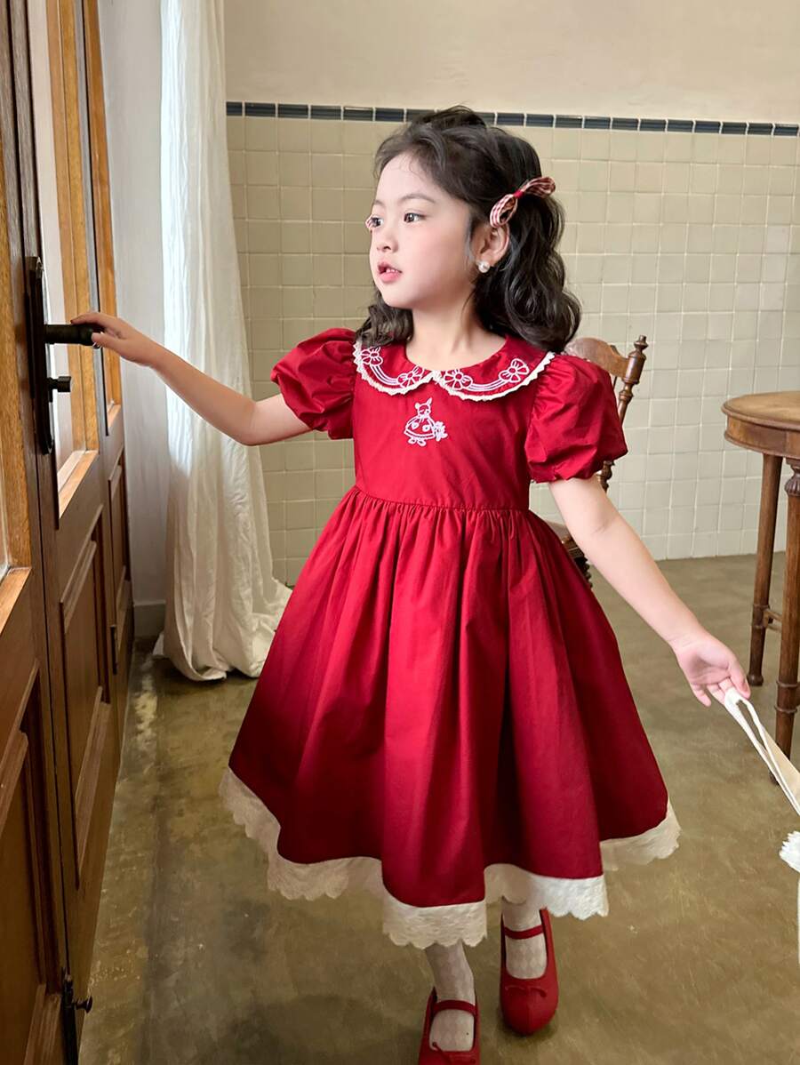 Đầm bé gái Thêu Hoạt hình Dễ thương - Đỏ - Xem 1