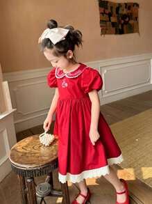 Đầm bé gái Thêu Hoạt hình Dễ thương - Đỏ - Xem 2