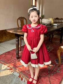 Đầm bé gái Thêu Hoạt hình Dễ thương - Đỏ - Xem 4