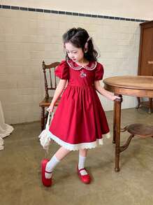 Đầm bé gái Thêu Hoạt hình Dễ thương - Đỏ - Xem 6