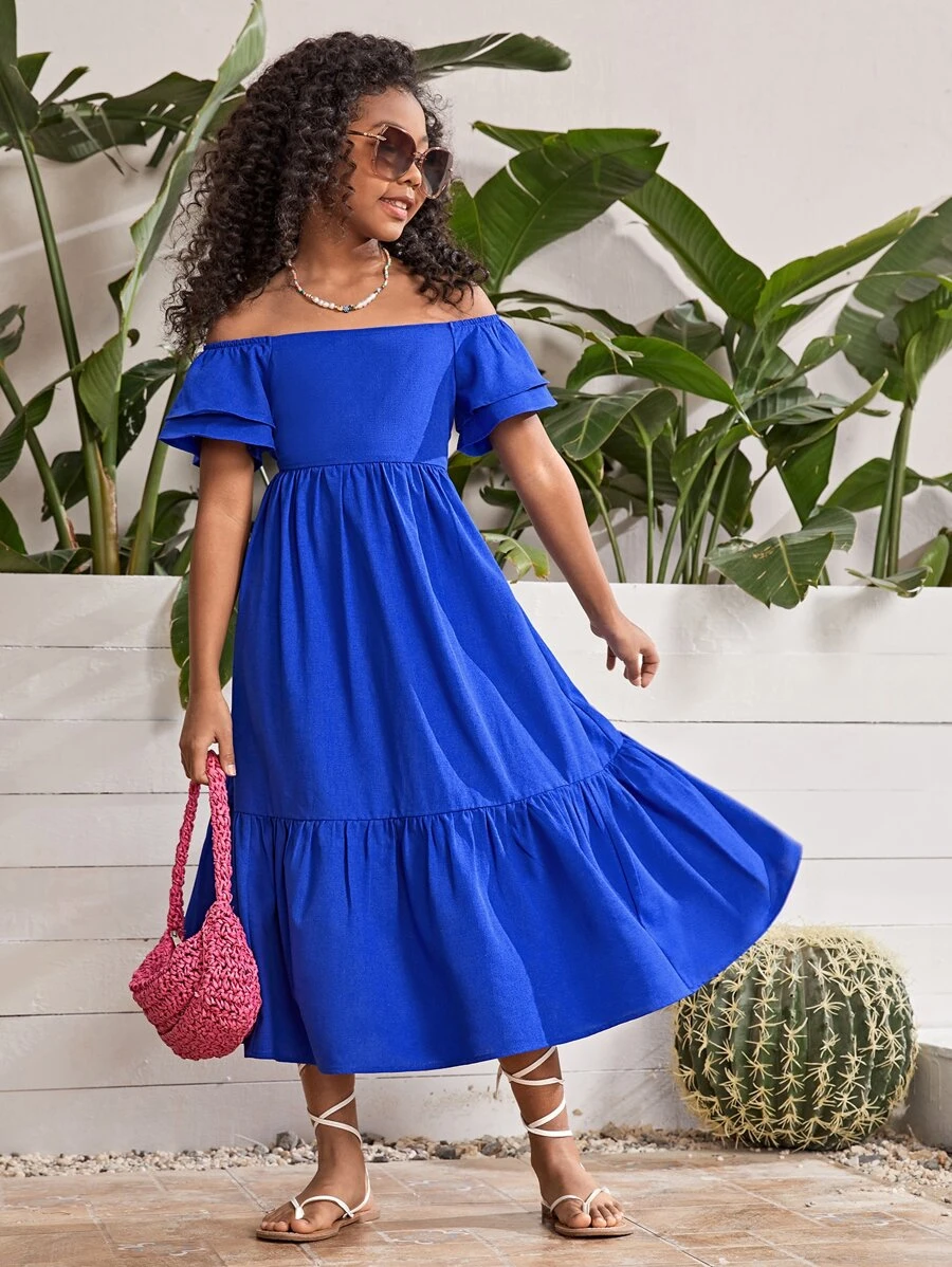 SHEIN Chicas Vestido de hombros descubiertos bajo con fruncido - azul real - Ver 1