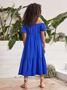 SHEIN Chicas Vestido de hombros descubiertos bajo con fruncido - azul real - Ver 2