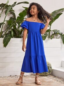 SHEIN Chicas Vestido de hombros descubiertos bajo con fruncido - azul real - Ver 3