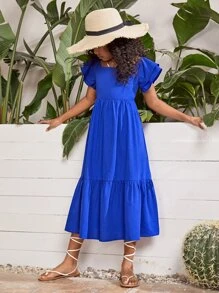 SHEIN Chicas Vestido de hombros descubiertos bajo con fruncido - azul real - Ver 5