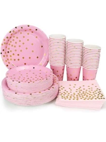 24pcs Polka Dot Pattern Disposable Plate & Cup & Napkin, Glitter Paper Disposable Cutlery Set For Party - Multicolor - View 1