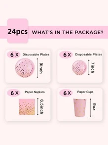 24pcs Polka Dot Pattern Disposable Plate & Cup & Napkin, Glitter Paper Disposable Cutlery Set For Party - Multicolor - View 2