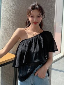 DAZY One Shoulder Ruffle Trim One Shoulder Blouse Carnival - Black - View 3